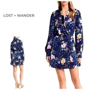 New. Lost And Wander navy floral wrap dress. XS. Retails $98